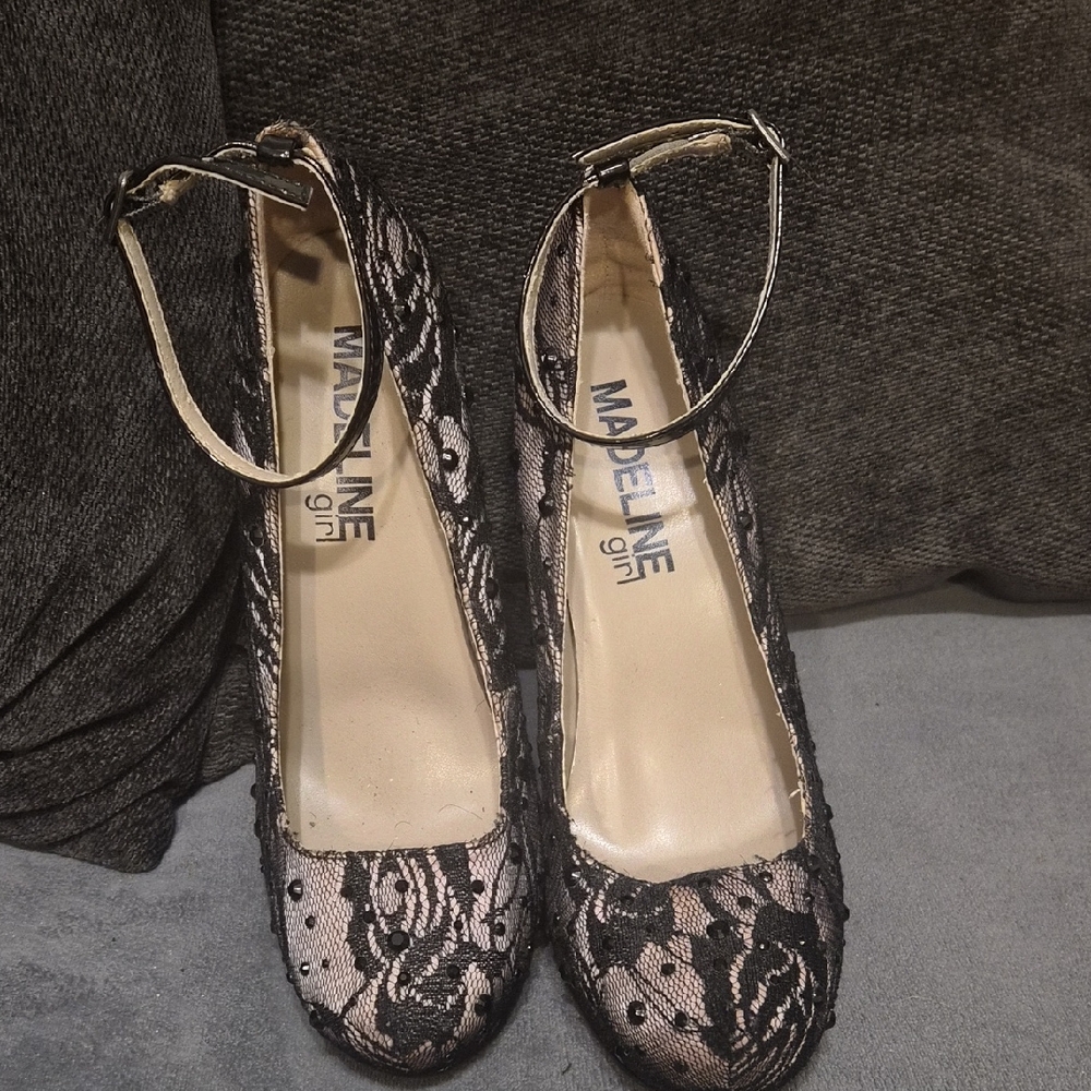 Madeline Black Lace over Blush Ankle-Strap Heels